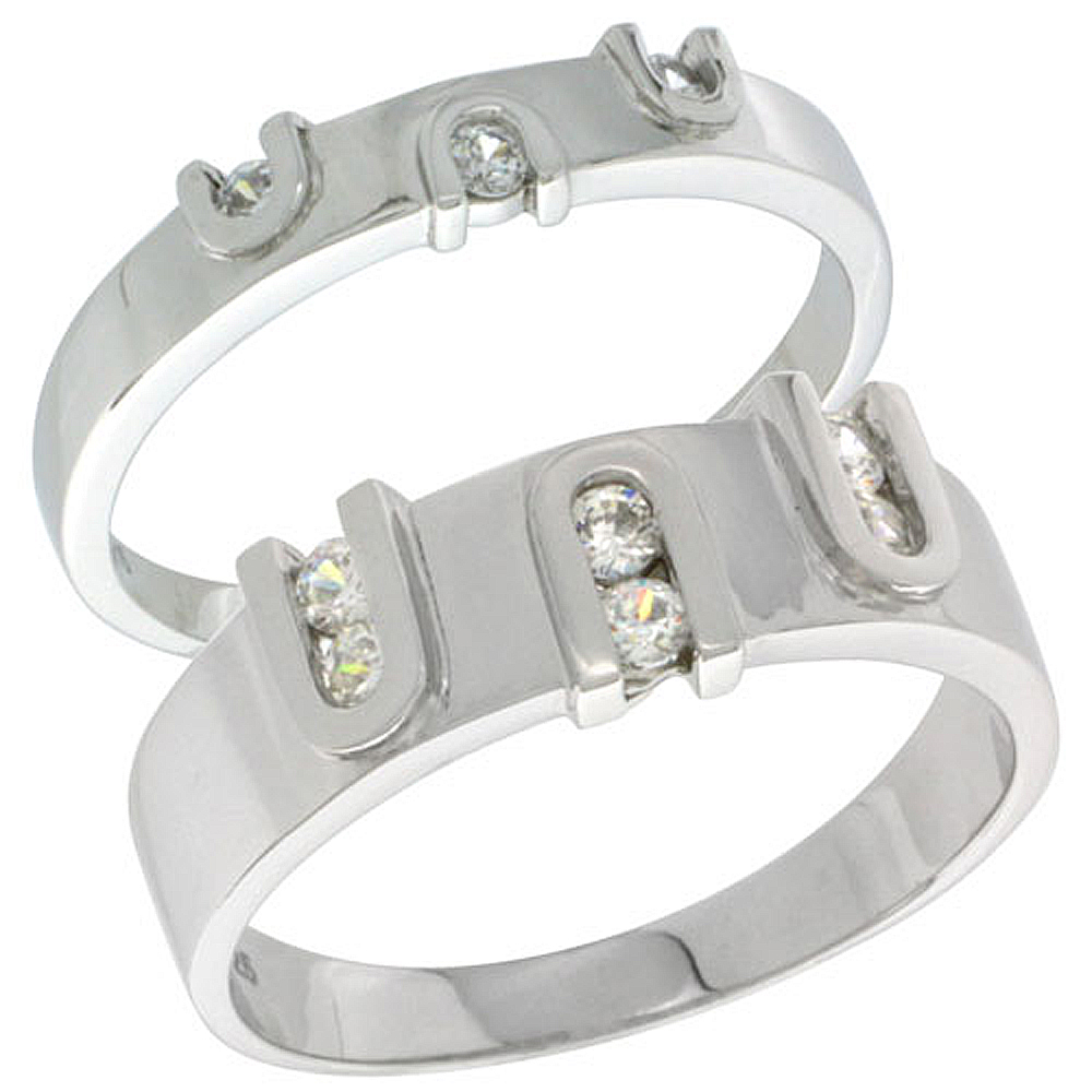 Sterling Silver Cubic Zirconia 2-Piece Wedding Ring Set for Him 7mm 9/32 inch wide & Her 4mm 5/32 inch wide, sizes L 5 - 10 & M 8 - 14