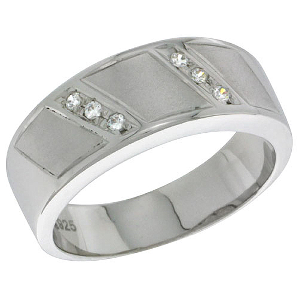 Sterling Silver Cubic Zirconia Mens Mens Wedding Band Ring 5/16 inch wide