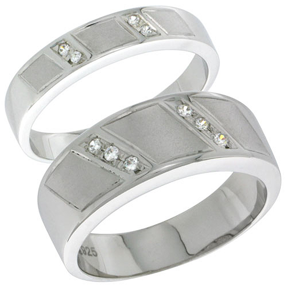Sterling Silver Cubic Zirconia 2-Piece Wedding Ring Set for Him 8mm 5/16 inch wide & Her 4mm 5/32 inch wide, sizes L 5 - 10 & M 8 - 14