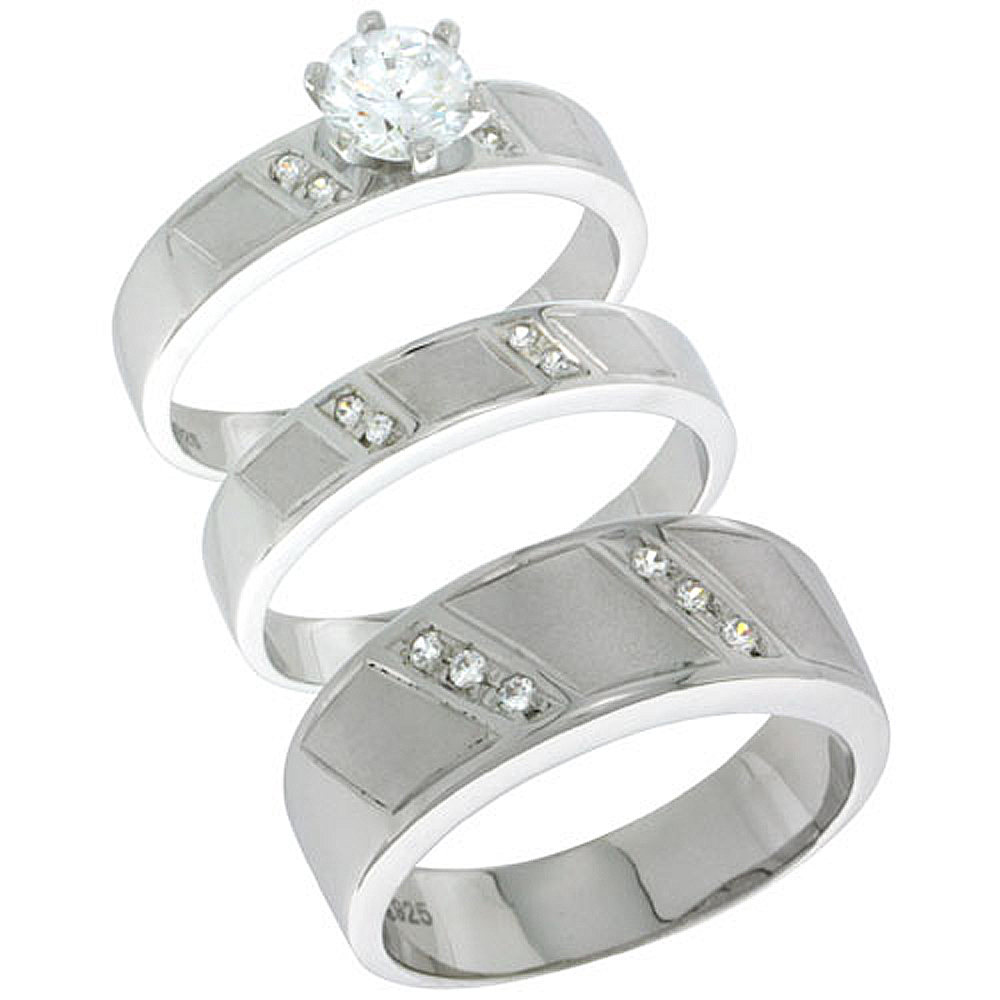 Sterling Silver Cubic Zirconia Trio Engagement Wedding Ring Set for Him and Her, men's band 5/16 inch wide, L 5 - 10 & M 8 - 14
