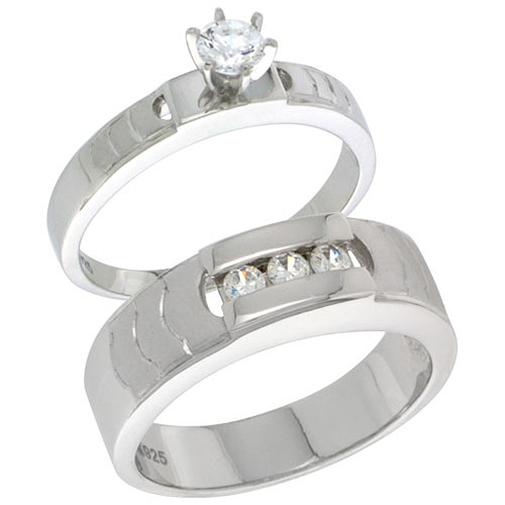 Sterling Silver Cubic Zirconia Engagement Rings Set for Him & Her Brilliant Cut Solitaire 1/4 inch wide, sizes L 5-10 M 8-14