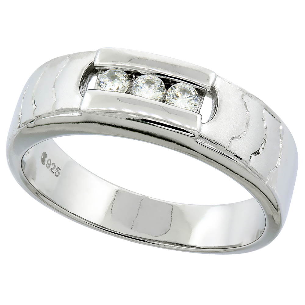 Sterling Silver Cubic Zirconia Mens Mens Wedding Band Ring 1/4 inch wide