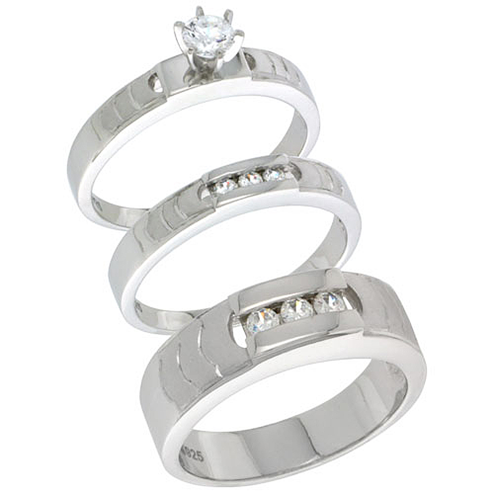 Sterling Silver Cubic Zirconia Trio Engagement Wedding Ring Set for Him and Her, men's band 1/4 inch wide, L 5 - 10 & M 8 - 14