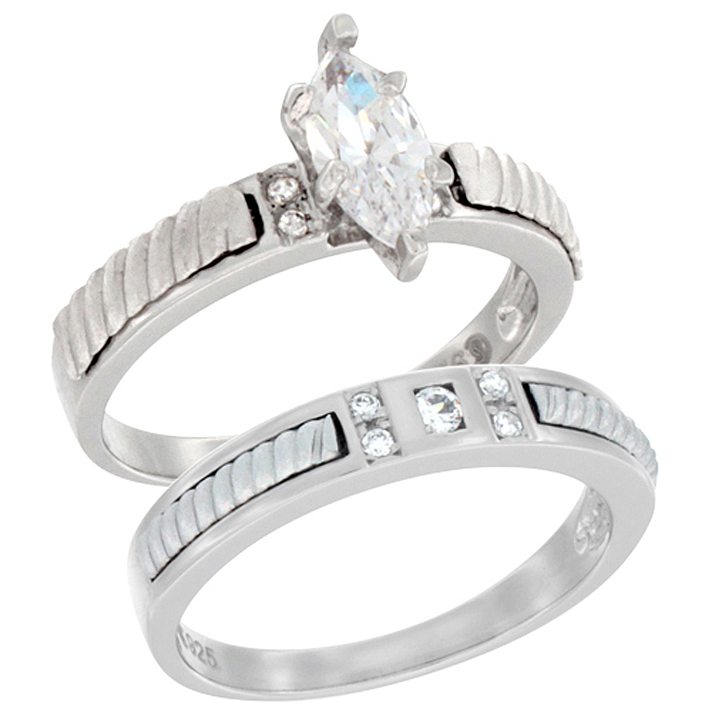 Sterling Silver Cubic Zirconia Ladies� Engagement Ring Set 2-Piece Rope Design, 7/16 inch wide, sizes 5 to 10