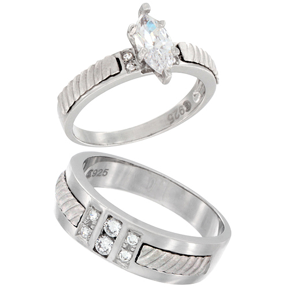 Sterling Silver Cubic Zirconia Engagement Rings Set for 7 mm Him & Hers 11 mm Rope Design, L 5 - 10 & M 8 - 14 