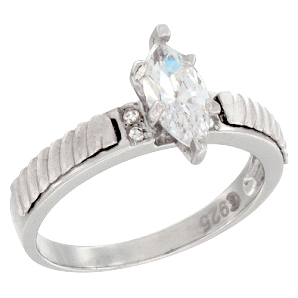 Sterling Silver Cubic Zirconia Solitaire Engagement Ring 0.95 ct Marquise, 7/16 inch wide, sizes 5 to 10