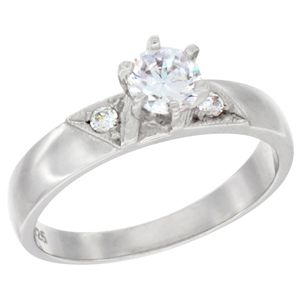 Sterling Silver Cubic Zirconia Solitaire Engagement Ring 1 ct Round, 1/4 inch wide, sizes 5 to 10