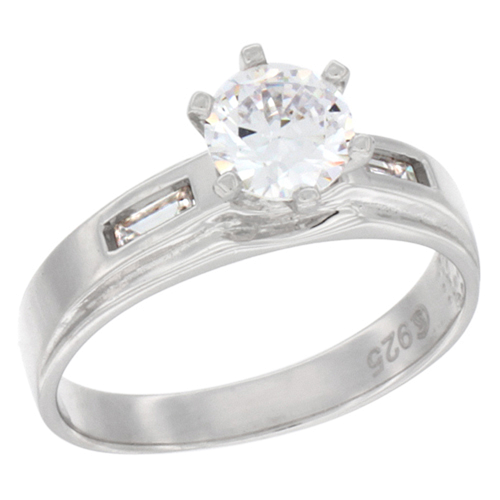 Sterling Silver Cubic Zirconia Solitaire Engagement Ring 1.25 ct Round, 9/32 inch wide, sizes 5 to 10