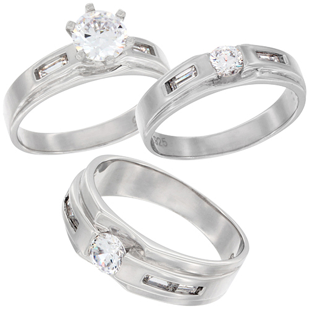 Sterling Silver Cubic Zirconia Trio Engagement Wedding Ring Set for 7 mm Him and Hers 5 mm Rectangular Design, L 5 - 10 & M 8 - 