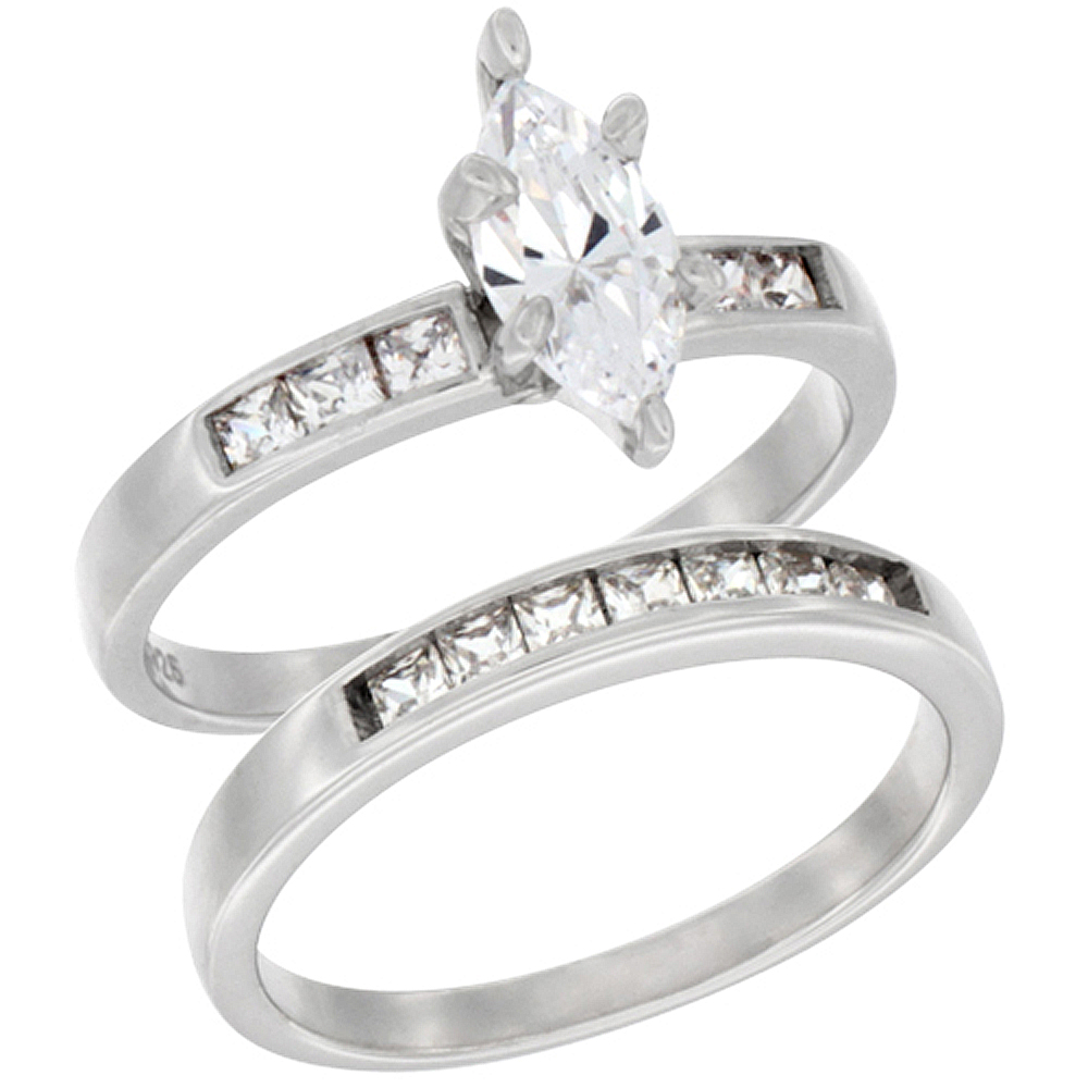 Sterling Silver Cubic Zirconia Ladies� Engagement Ring Set 2-Piece Classic Channel Design, 7/16 inch wide, sizes 5 to 10