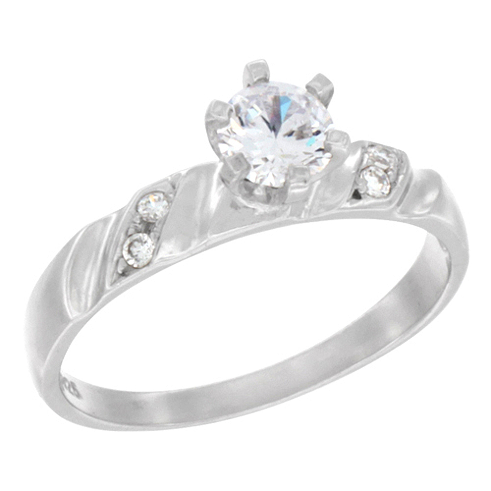 Sterling Silver Cubic Zirconia Solitaire Engagement Ring 1 ct Round, 7/32 inch wide, sizes 5 to 10