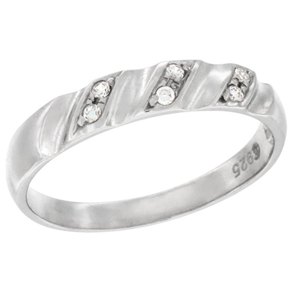 Sterling Silver Cubic Zirconia Ladies' Wedding Band Ring Vertical Stripes Design, 5/32 inch wide, sizes 5 to 10