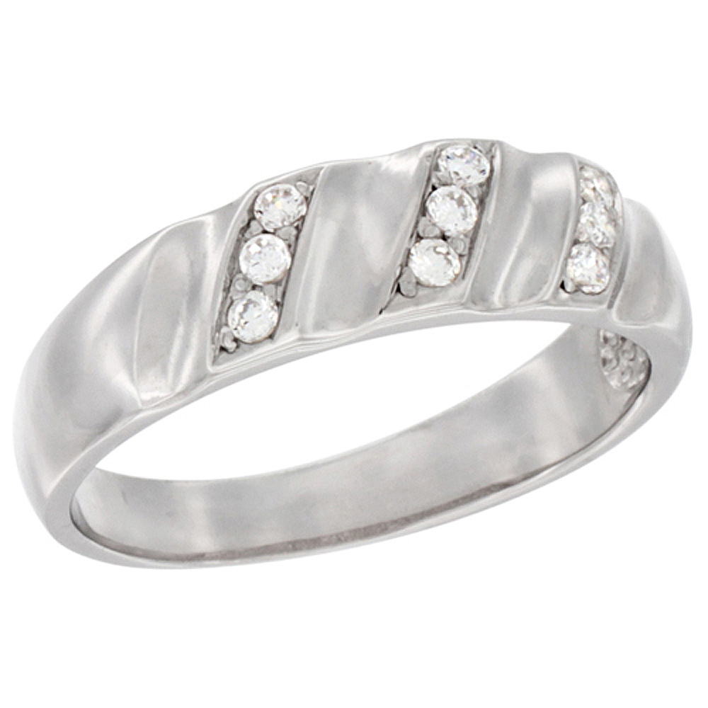 Sterling Silver Cubic Zirconia Men's Wedding Band Ring Vertical Stripes Design, 1/4 inch wide, sizes 8 to 14