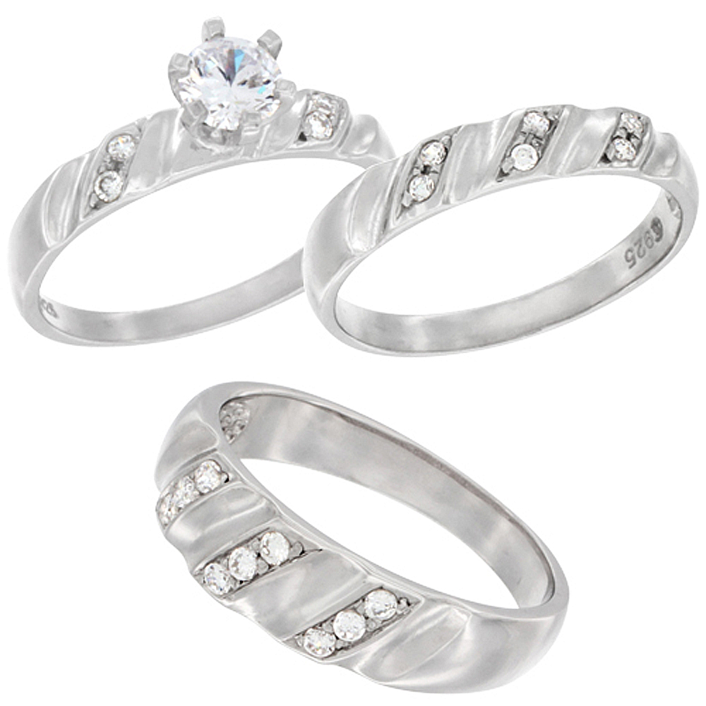 Sterling Silver Cubic Zirconia Trio Engagement Wedding Ring Set for 6 mm Him and Hers 4 mm Vertical Stripes Design, L 5 - 10 & M