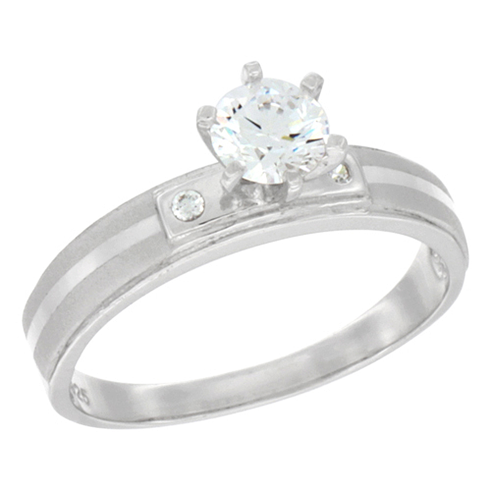 Sterling Silver Cubic Zirconia Solitaire Engagement Ring 1 ct Round, 7/32 inch wide, sizes 5 to 10
