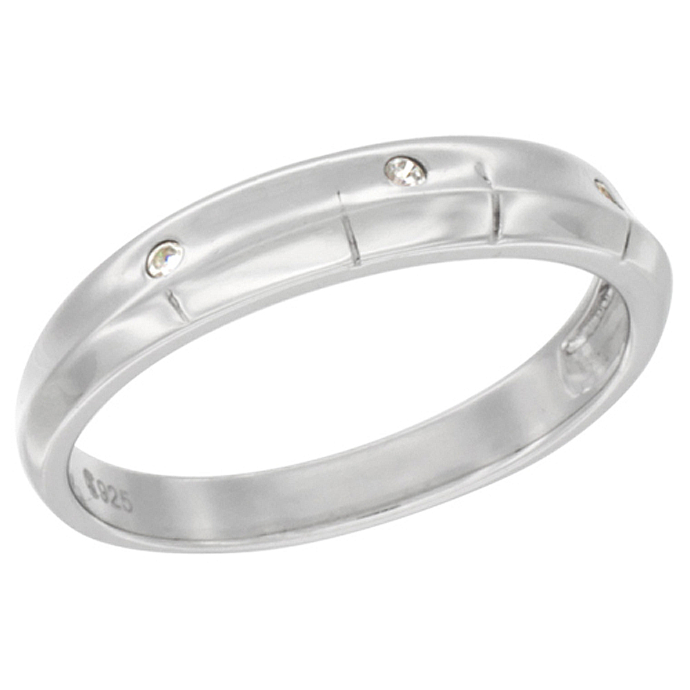Sterling Silver Cubic Zirconia Ladies' Wedding Band Ring Ribbed Design, 5/32 inch wide, sizes 5 to 10