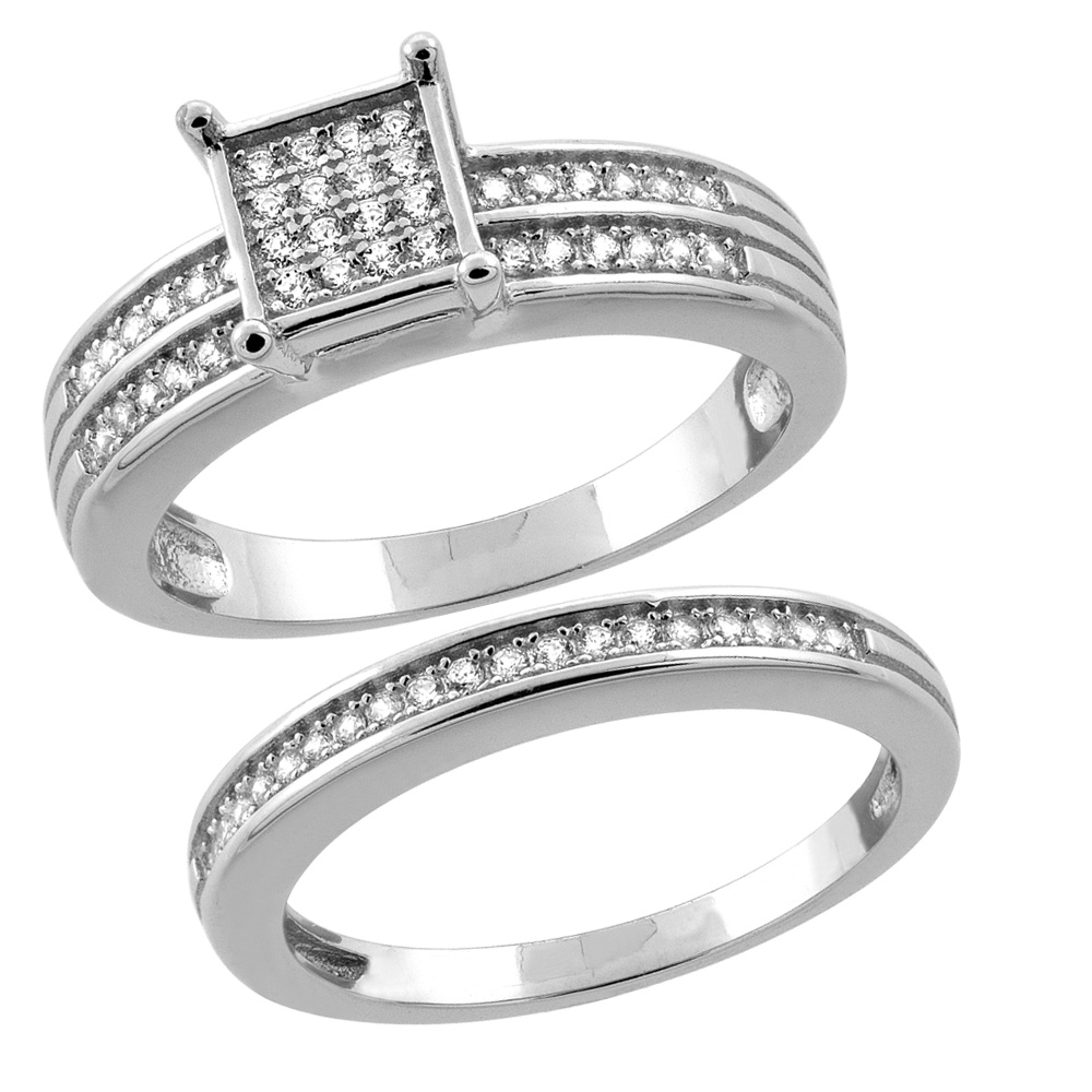Sterling Silver Micro Pave Cubic Zirconia Square Ladies' Engagement 2-Piece Ring Set, 1/4 inch wide sizes 5 to 10