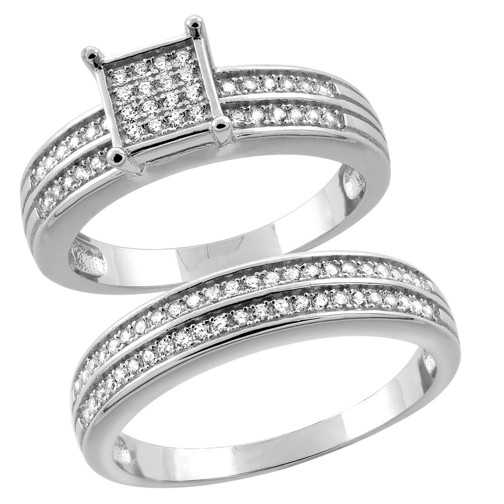 Sterling Silver Micro Pave Cubic Zirconia Engagement Rings Set for 4 mm Him & Hers 6 mm Half Eternity, L 5 - 10 & M 8 - 14 