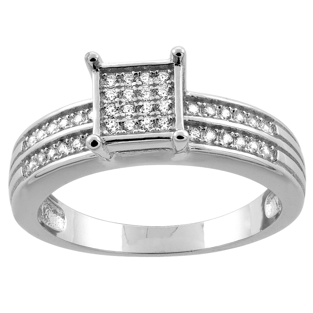 Sterling Silver Micro Pave Cubic Zirconia Pave Square Ladies' Engagement Ring, 1/4 inch wide, sizes 5 to 10