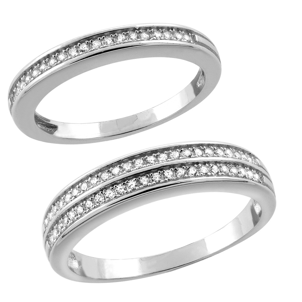 Sterling Silver Micro Pave Cubic Zirconia Wedding Ring 2-Piece Set 4 mm Him & Hers 2 mm Half Eternity, sizes M 8-14 L 5-10