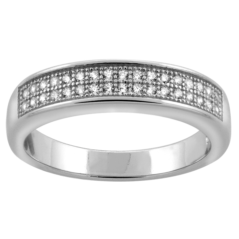 Sterling Silver Micro Pave Cubic Zirconia Ladies' Wedding Band, 3/16 inch wide, sizes 5 to 10