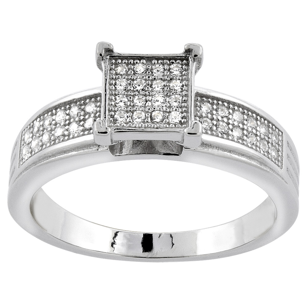 Sterling Silver Micro Pave Cubic Zirconia Square Ladies' Engagement Ring, 1/4 inch wide, sizes 5 to 10