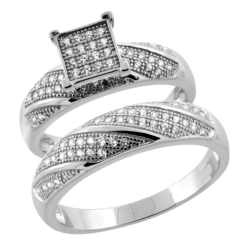 Sterling Silver Micro Pave Cubic Zirconia Engagement Ring Set for 5 mm Him & Hers 6 mm, L 5 - 10 & M 8 - 14