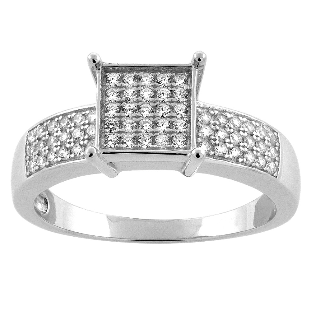 Sterling Silver Micro Pave Cubic Zirconia Square Ladies' Engagement Ring, 5/16 inch wide, sizes 5 to 10