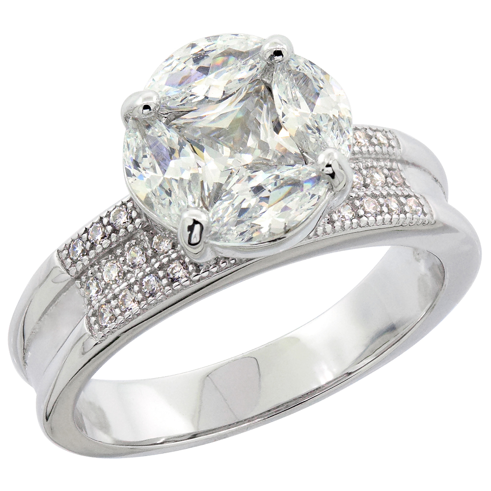 Sterling Silver Micro Pave Cubic Zirconia Round Ladies' Engagement Ring, 3/8 inch wide, sizes 5 to 10