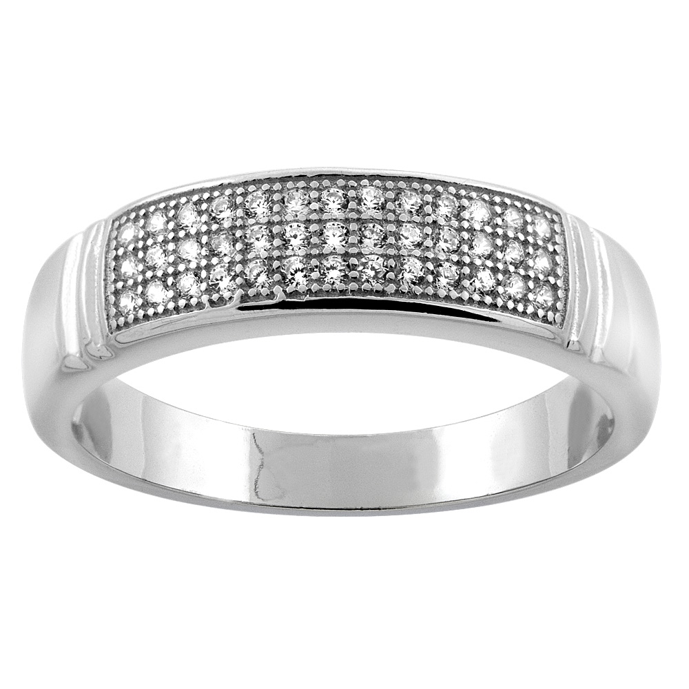 Sterling Silver Micro Pave Cubic Zirconia Men's Wedding Band, 3/16 inch wide, sizes 8 to 14