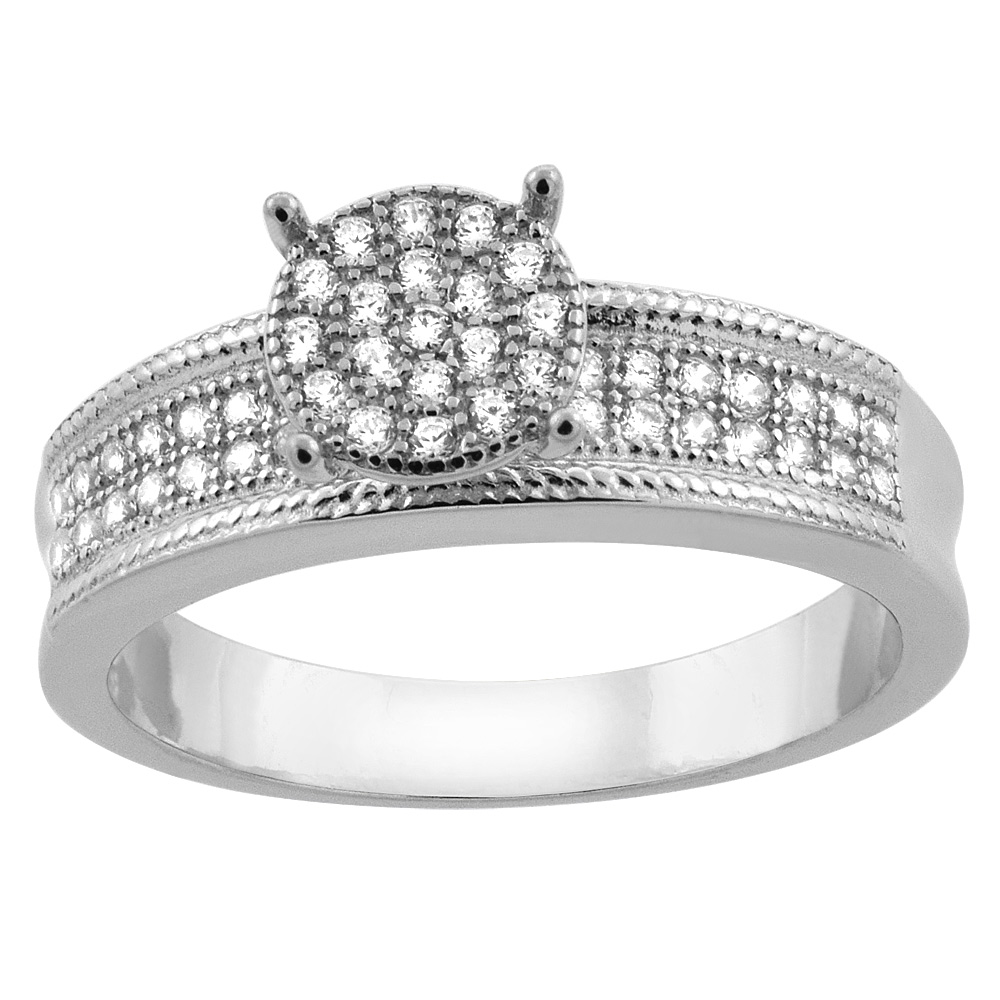 Sterling Silver Micro Pave Cubic Zirconia Round Ladies' Engagement Ring, 1/4 inch wide, sizes 5 to 10