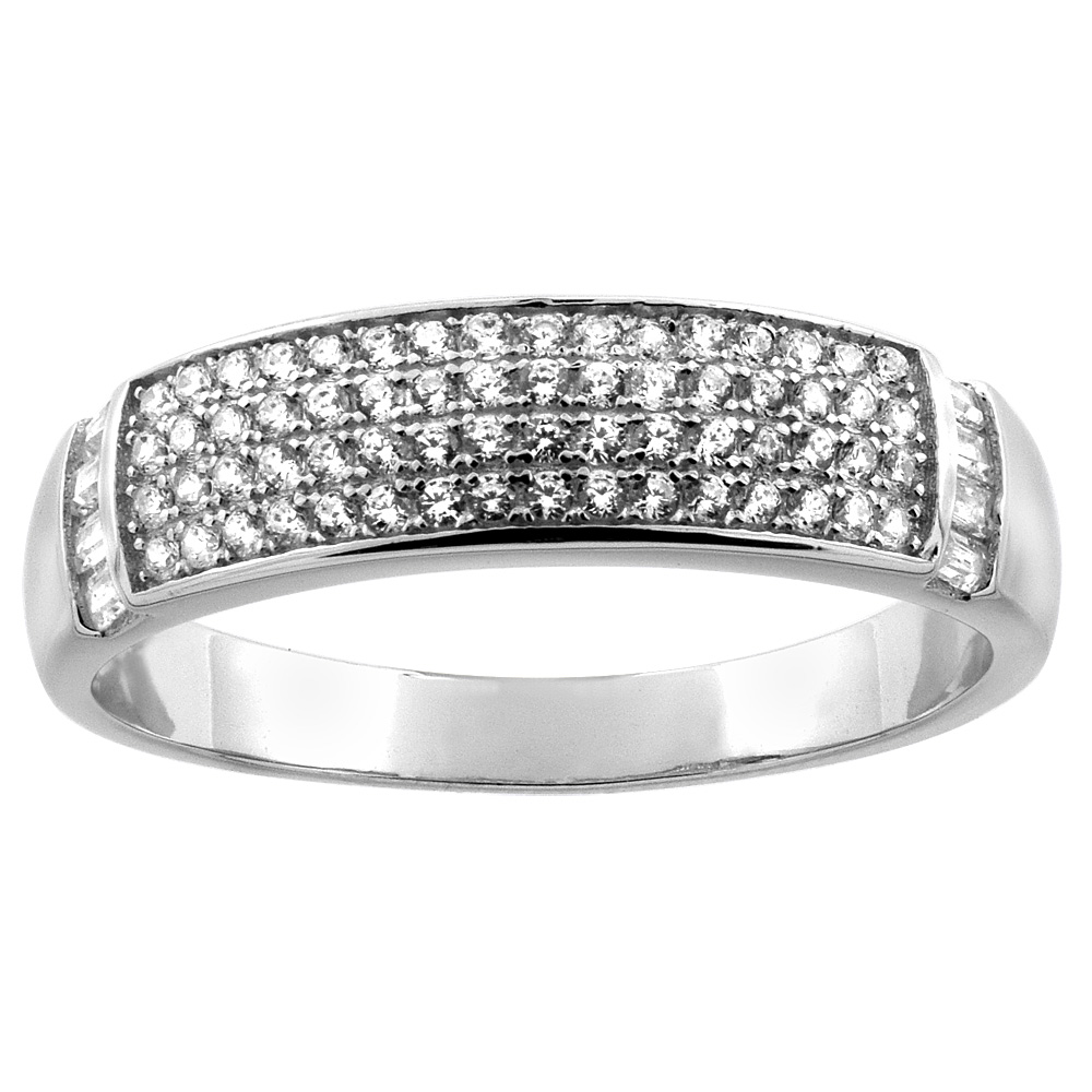 Sterling Silver Micro Pave Cubic Zirconia Men's Wedding Band, 1/4 inch wide, sizes 8 to 14