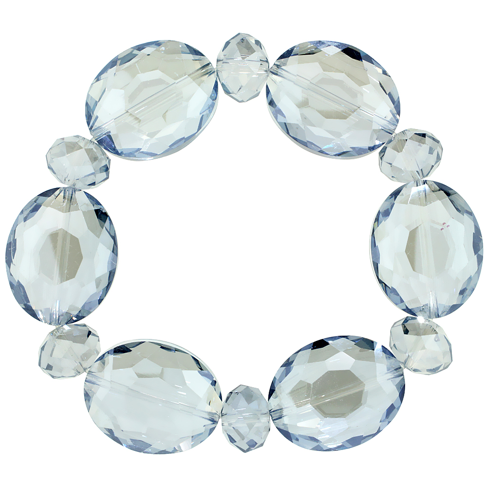 White Opal Oval & Round Faceted Crystal Beads Stretch Bracelet, 7 inch long