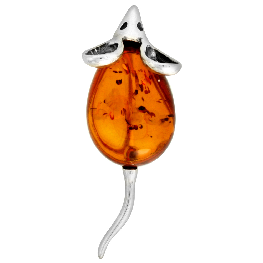 Sterling Silver Baltic Amber Mouse Brooch Pin for Women Antiqued finish approx. 1 7/16 inch wide