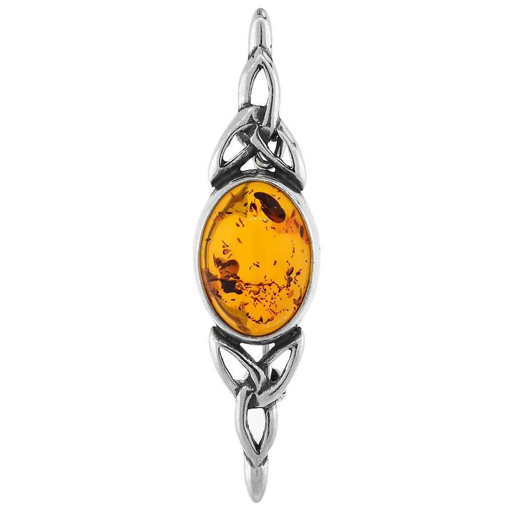 Sterling Silver Celtic Oval Russian Baltic Amber Brooch Pin, 1 11/16 inch wide