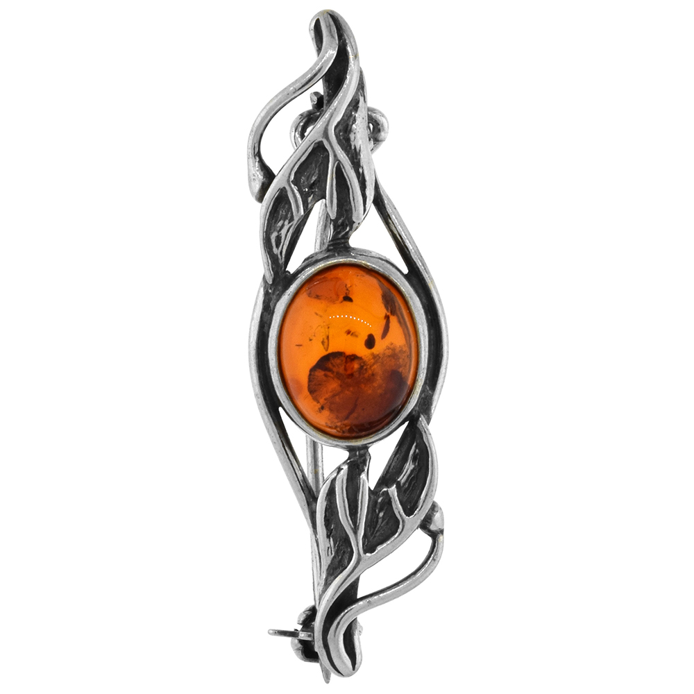 Sterling Silver Baltic Amber Oval Brooch Pin for Women Antiqued finish approx. 1 1/2 inch wide