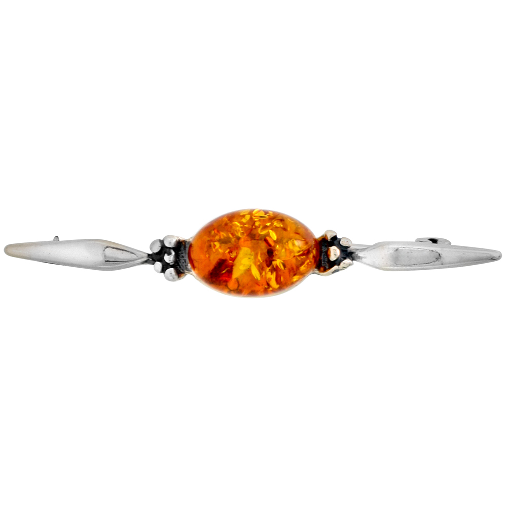 Sterling Silver Baltic Amber Oval Cabochon Brooch Pin for Women Antiqued finish approx. 13/16 inch wide