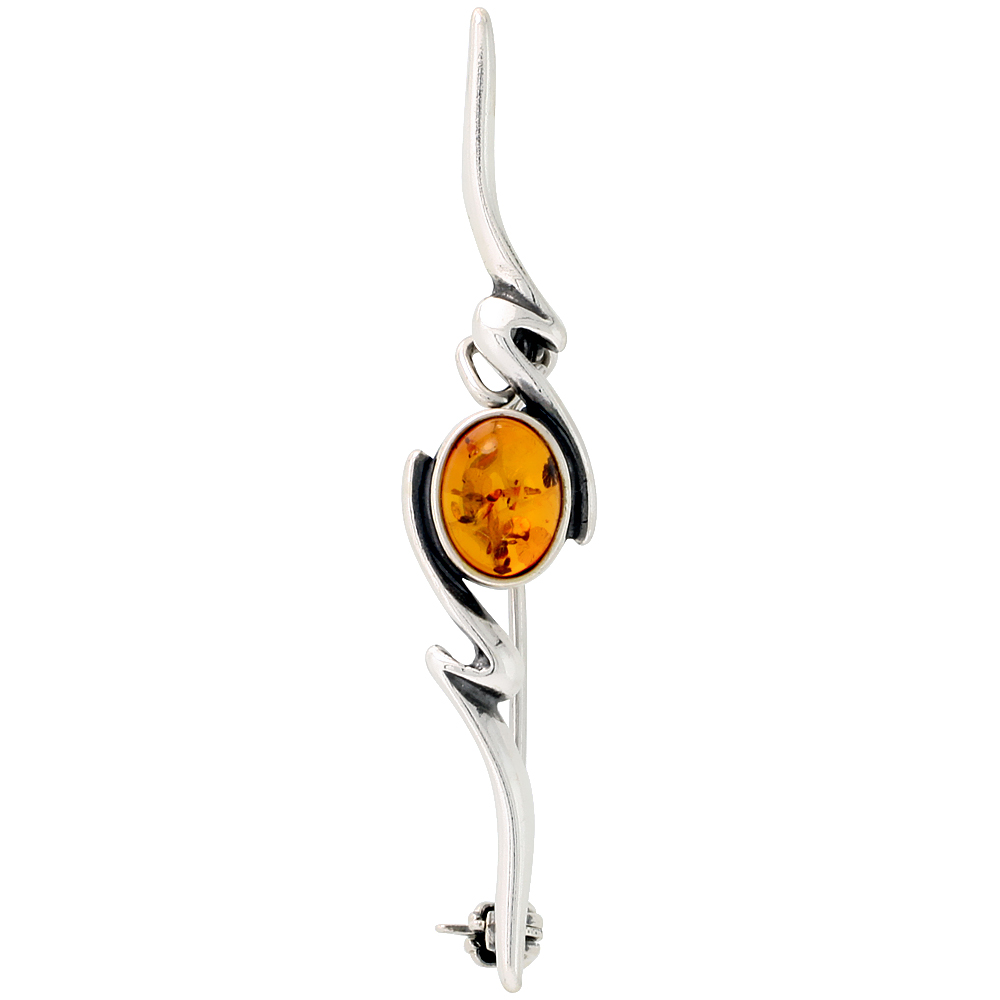 Sterling Silver Baltic Amber Oval Cabochon Brooch Pin for Women Antiqued finish approx. 1 15/16 inch wide