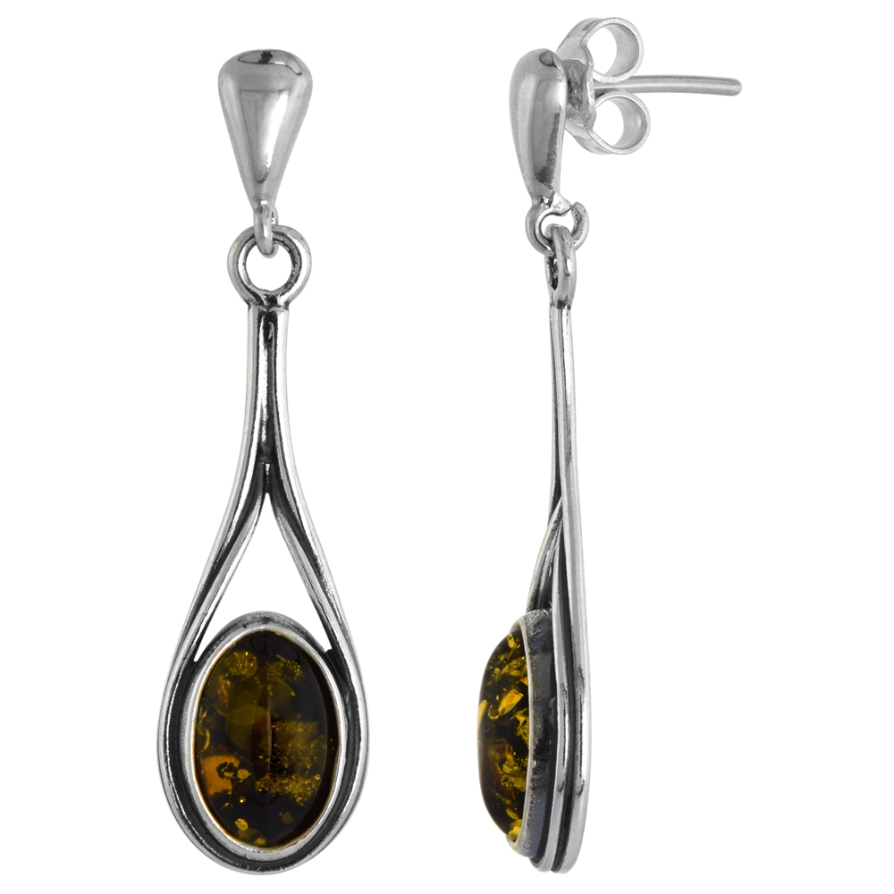 Sterling Silver Long Green Amber Dangle Earrings Oval, 7/16 inch wide