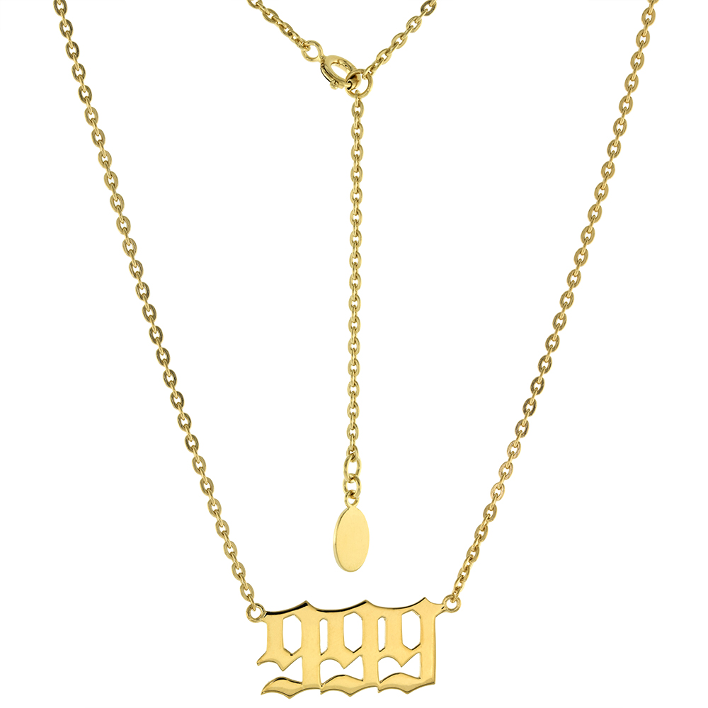 Gold Plated Sterling Silver Numerology Angel Number Necklace 999 for Women Non Tarnish 1 inch wide fits 16-18 inches