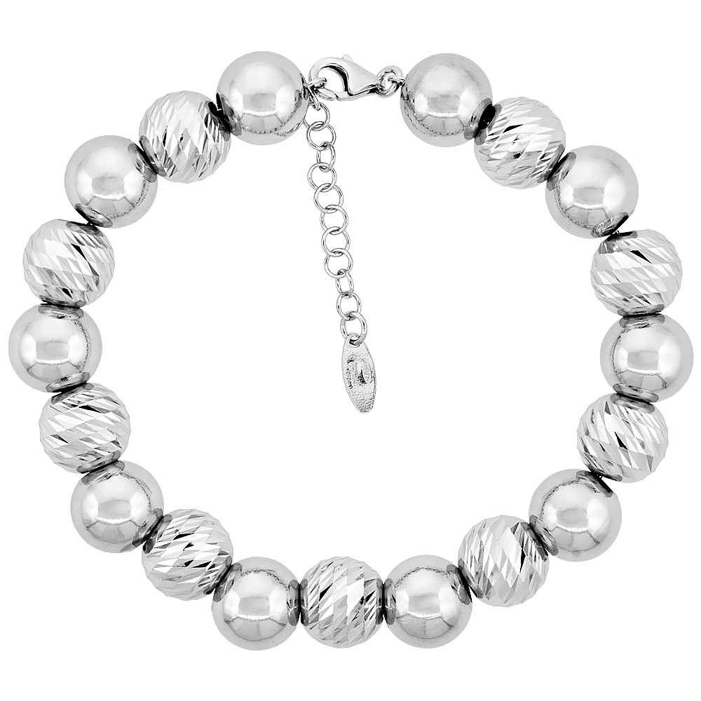Sterling Silver Bead Bracelet 10mm Diamond Cut Rhodium Finish Italy, 7 inch + 1 inch extension