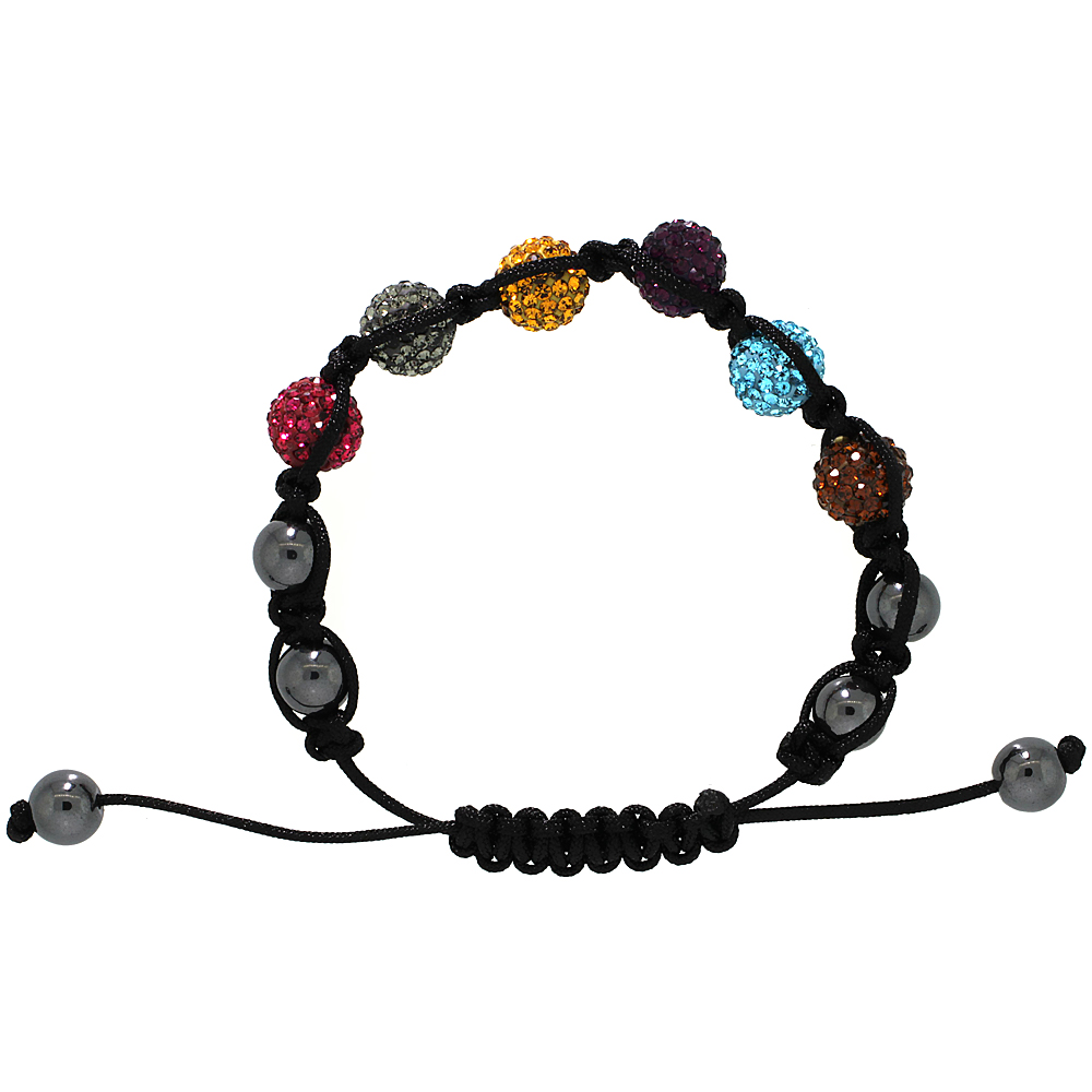 Multi Color Crystal Ball Macrame Bead Bracelet for Men and Women Hematite Beads Adjustable Unisex 3/8 in. (10 mm) wide