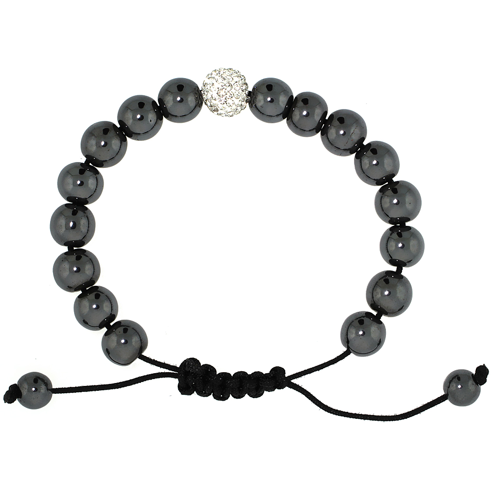 Hematite Macrame Bead Bracelet for Men and Women Crystal Ball Adjustable Unisex 3/8 in. (10 mm) wide