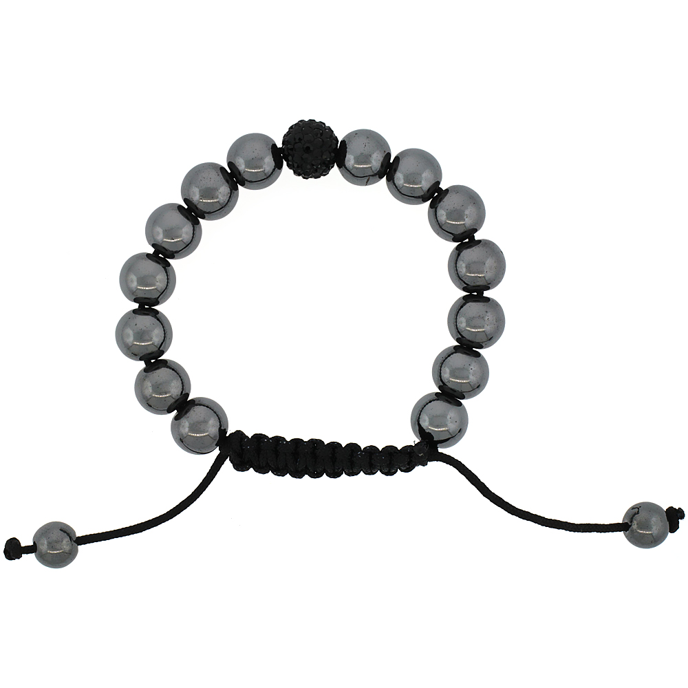 Hematite Macrame Bead Bracelet for Men and Women Black Crystal Ball Adjustable Unisex 3/8 in. (10 mm) wide
