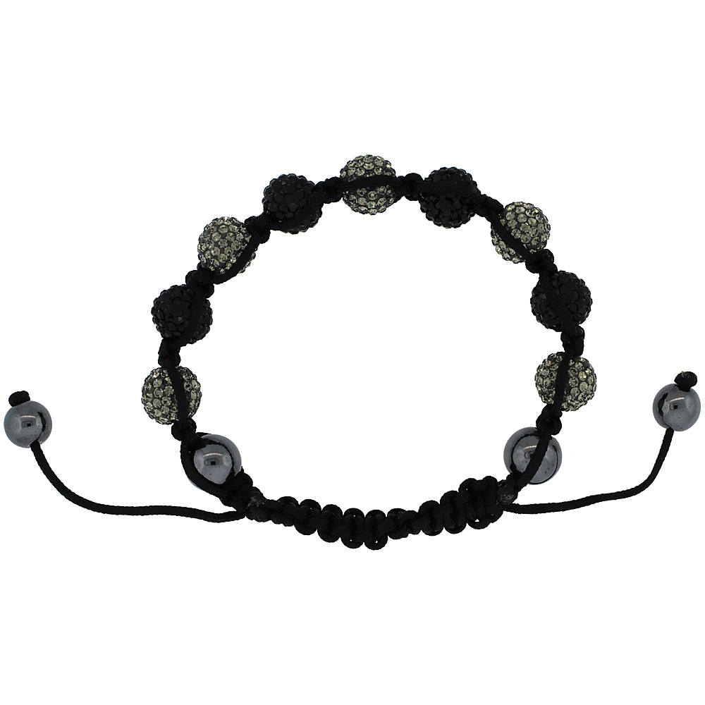 Gray & Black Color Crystal Ball Macrame Bead Bracelet for Men and Women Hematite Beads Adjustable Unisex 3/8 in. (10 mm) wide
