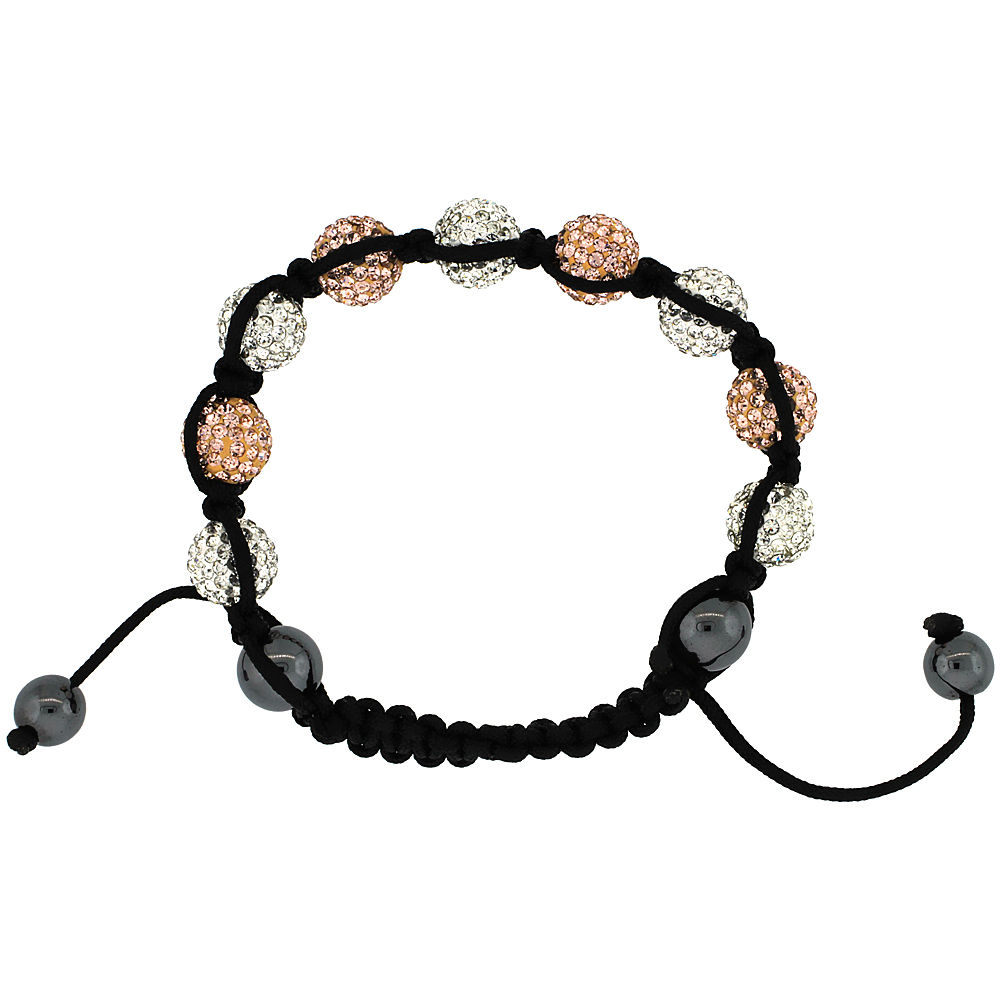 Peach & White Color Crystal Ball Macrame Bead Bracelet for Men and Women Hematite Beads Adjustable Unisex 3/8 in. (10 mm) wide
