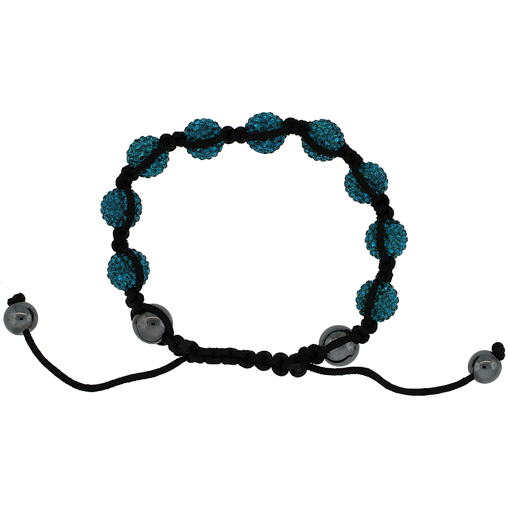 Blue-Green Color Crystal Ball Macrame Bead Bracelet for Men and Women Hematite Beads Adjustable Unisex 3/8 in. (10 mm) wide