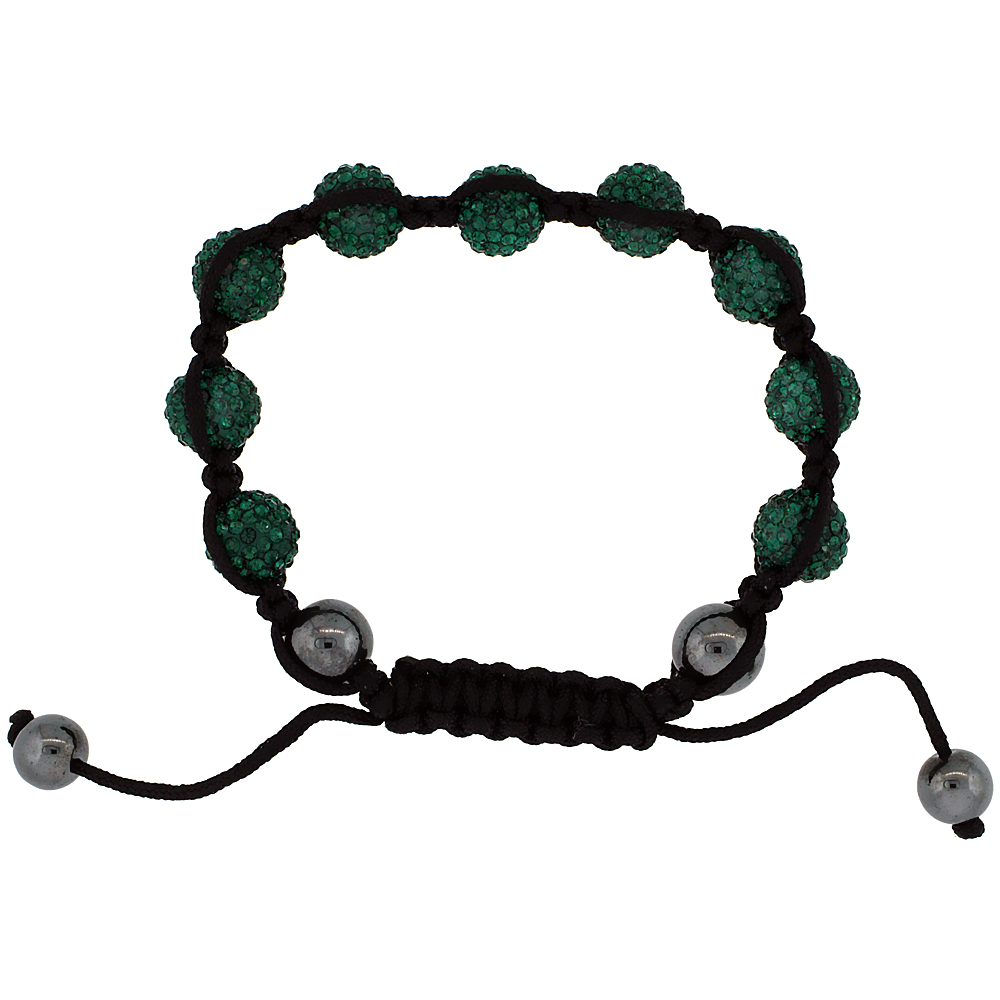 Emerald Green Color Crystal Ball Macrame Bead Bracelet for Men and Women Hematite Beads Adjustable Unisex 3/8 in. (10 mm) wide