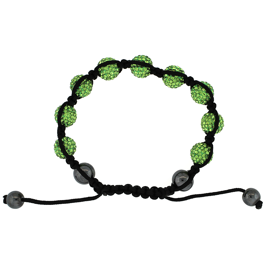 Yellow-Green Color Crystal Ball Macrame Bead Bracelet for Men and Women Hematite Beads Adjustable Unisex 3/8 in. (10 mm) wide
