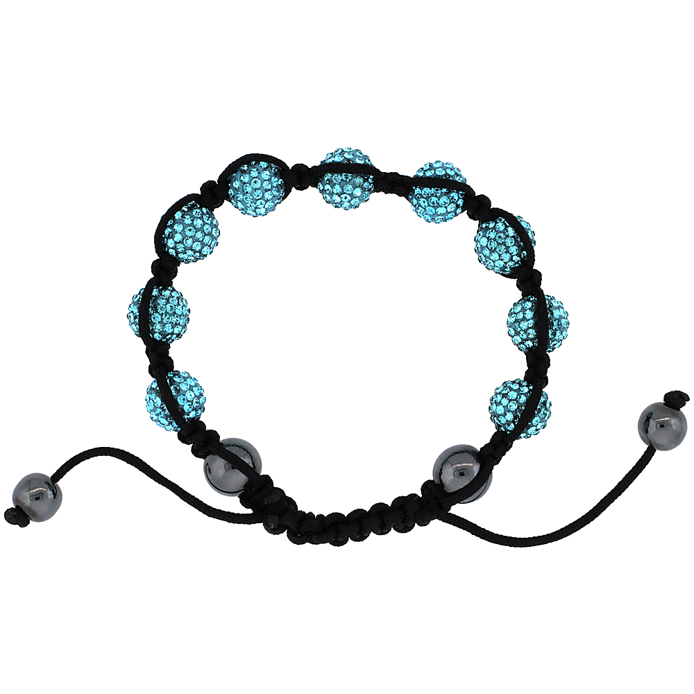 Aquamarine Blue Color Crystal Ball Macrame Bead Bracelet for Men and Women Hematite Beads Adjustable Unisex 3/8 in. (10 mm) wide